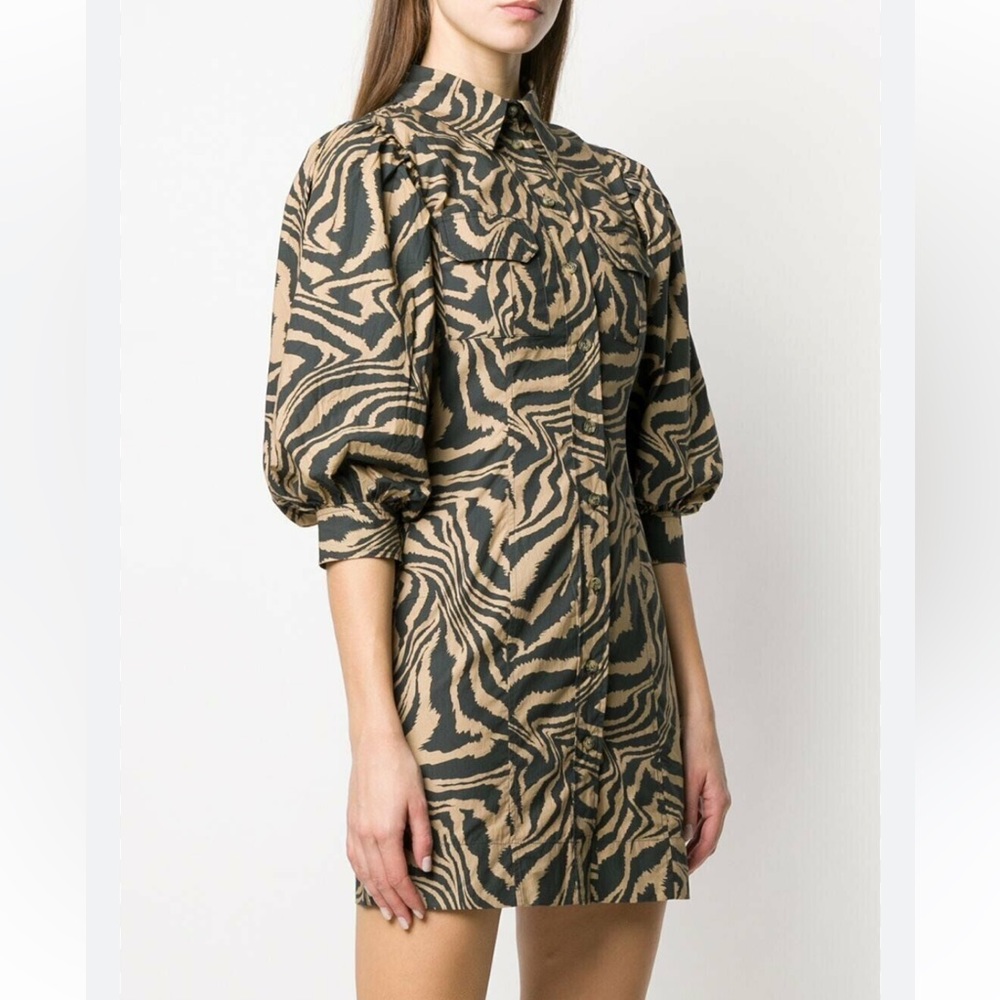 Ganni Puff-Sleeve Tiger-Print Cotton Shirtdress Shift Dress Button Down Collared